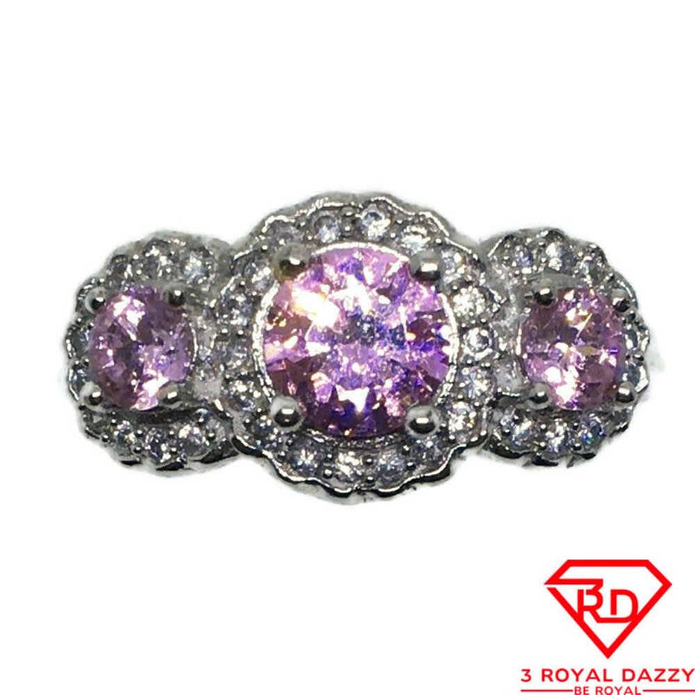 Triple Pink Round CZ White gold on silver Ring S8